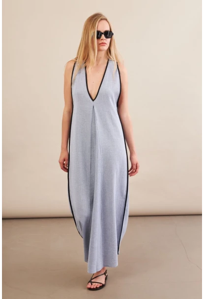 Kadın Mavi Kontrast Çizgili Maxi Keten Elbise MSİ101