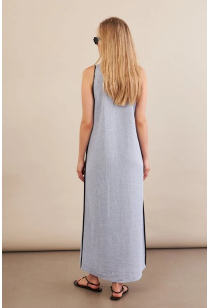 Kadın Mavi Kontrast Çizgili Maxi Keten Elbise MSİ101