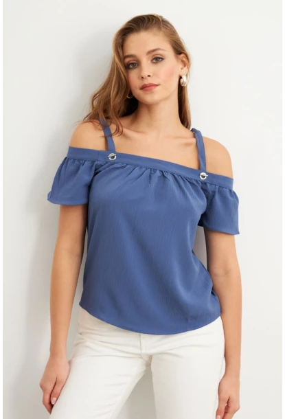 Kadın Mavi Kontrast Kollu Bürümcük Bluz RX452