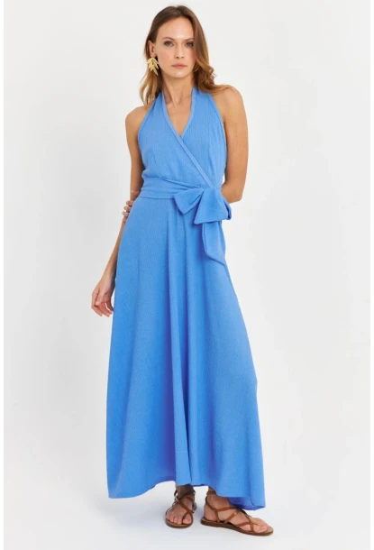 Kadın Mavi Kruvaze Bürümcük Maxi Elbise EY3053