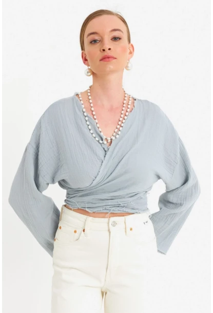 Kadın Mavi Müslin Crop Bluz PC20700