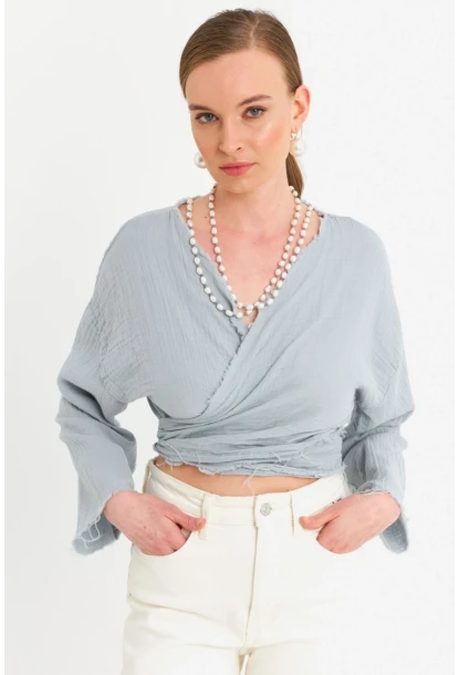 Kadın Mavi Müslin Crop Bluz PC20700
