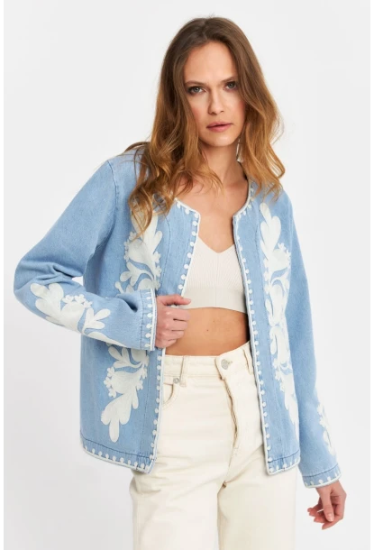 Kadın Mavi Nakışlı Mevsimlik Denim Premium Ceket QS5583