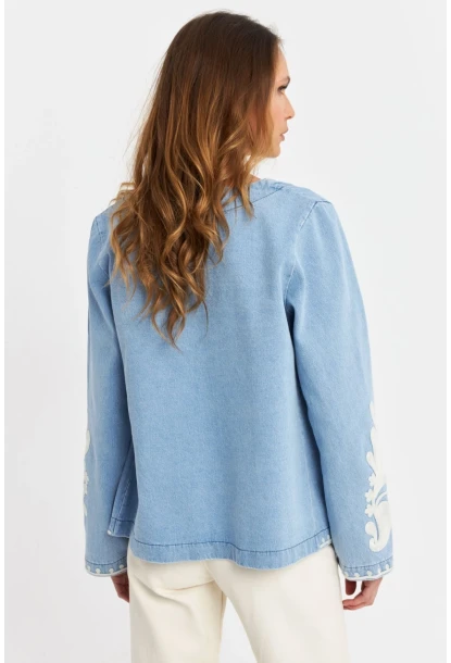 Kadın Mavi Nakışlı Mevsimlik Denim Premium Ceket QS5583