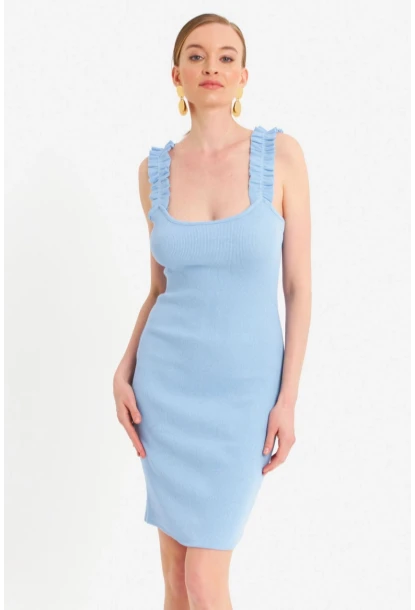 Kadın Mavi Omuz Bantlı Kaşkorse Mini Elbise URO203