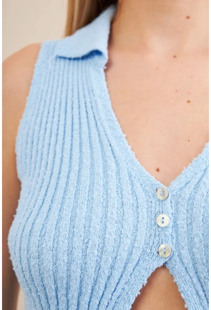 Kadın Mavi Polo Yaka Yumoş Yelek ZH050