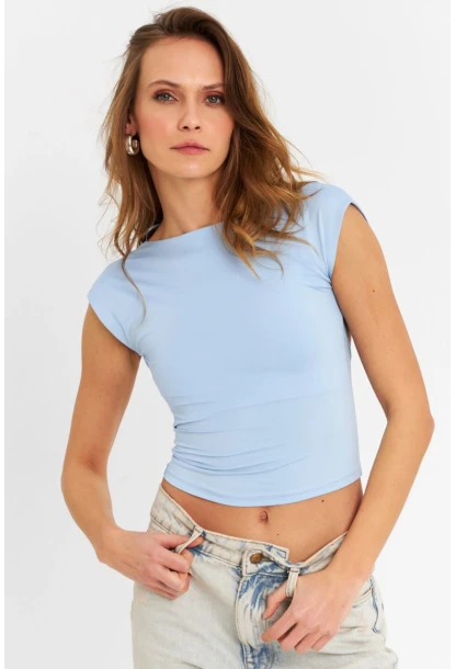 Kadın Mavi Sırtı Açık Crop Bluz ZH083