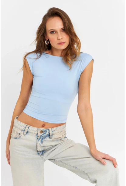 Kadın Mavi Sırtı Açık Crop Bluz ZH083