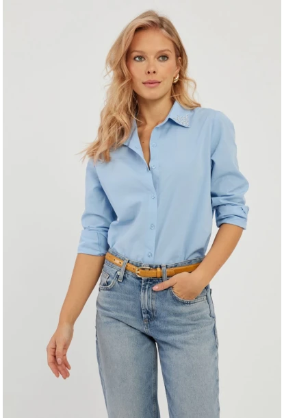 Kadın Mavi Taş Detaylı Gömlek ZER402