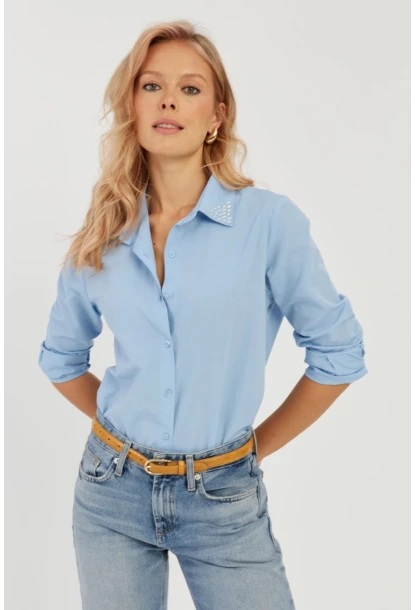 Kadın Mavi Taş Detaylı Gömlek ZER402