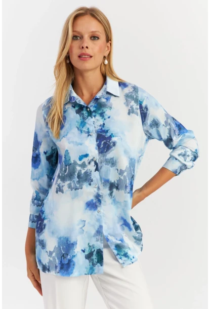 Kadın Mavi Taş Düğmeli Desenli Gömlek MLVF9