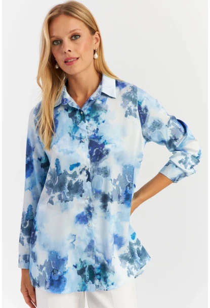 Kadın Mavi Taş Düğmeli Desenli Gömlek MLVF9
