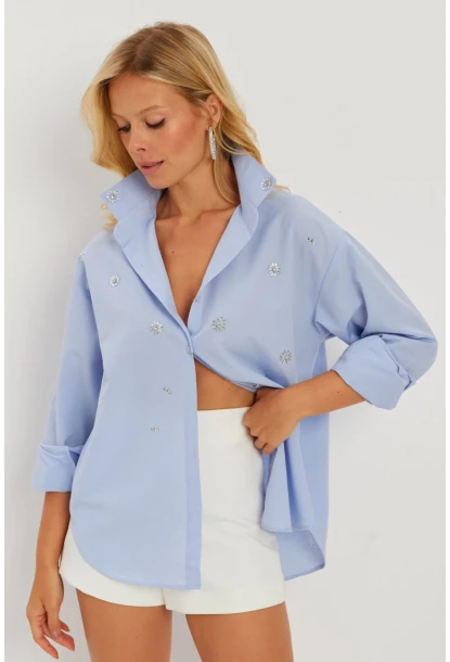 Kadın Mavi Taşlı Gömlek SF2550