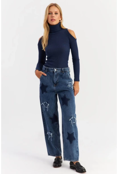 Kadın Mavi Yamalı Jean Pantolon AUR1