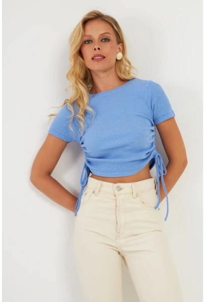 Kadın Mavi Yanları Büzgülü Kaşkorse Bluz AYD355