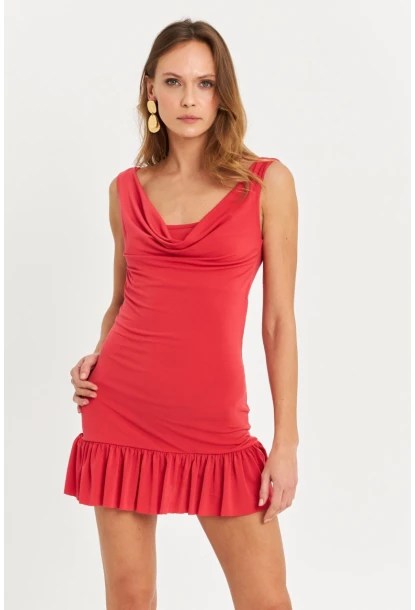 Kadın Mercan Degaje Yaka Mini Elbise HOR0078