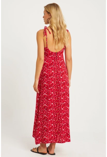 Kadın Mercan İp Askılı Çiçekli Midi Elbise GÇ172