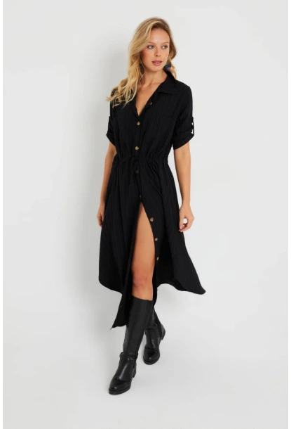 Kadın Midi Gömlek Elbise Siyah Q984