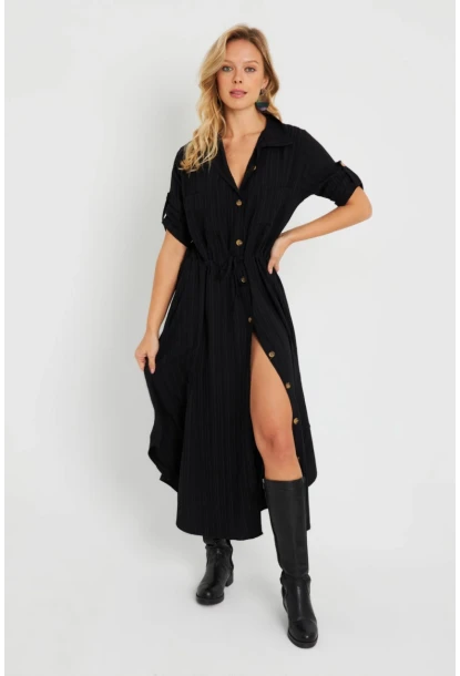 Kadın Midi Gömlek Elbise Siyah Q984
