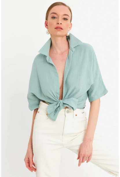 Kadın Mint Bağlamalı Keten Bluz BTH16