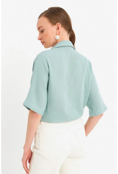 Kadın Mint Bağlamalı Keten Bluz BTH16