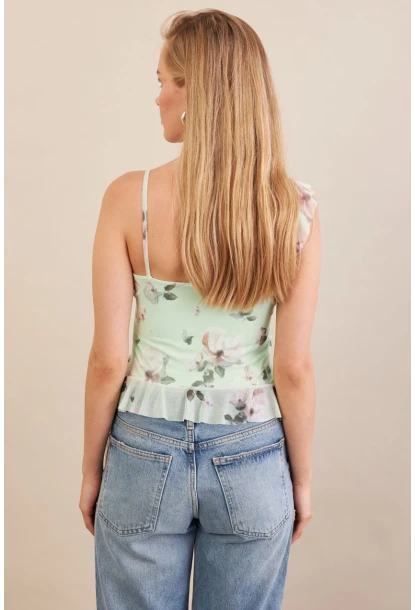 Kadın Mint Desenli Fırfırlı Şifon Bluz FS033