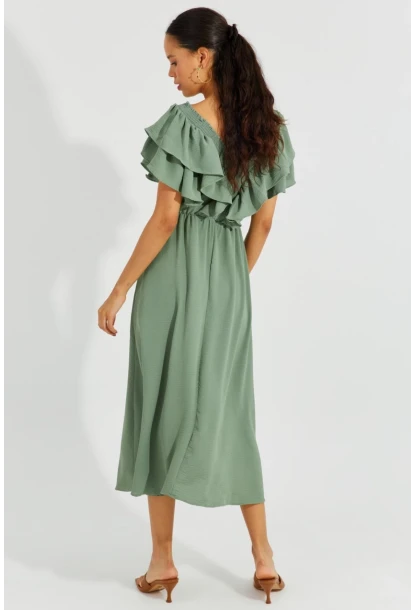 Kadın Mint Ön Arka V Volanlı Elbise KS113