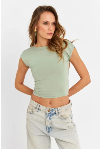 Kadın Mint Sırtı Açık Crop Bluz ZH083