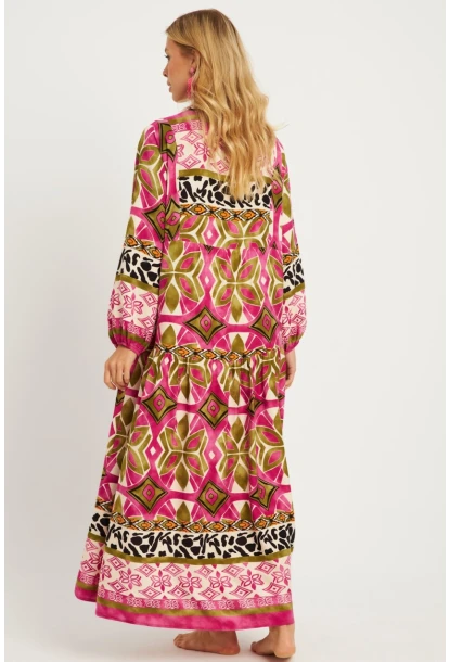 Kadın Mor Desenli Midi Elbise MGÇ169