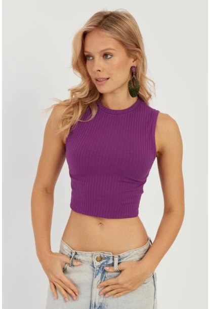 Kadın Mor Fitilli Crop Bluz LPP1262