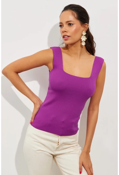 Kadın Mor Kare Yaka Triko Bluz YV87