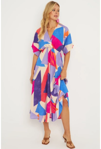 Kadın Multi Desenli Kruvaze Midi Elbise HT108