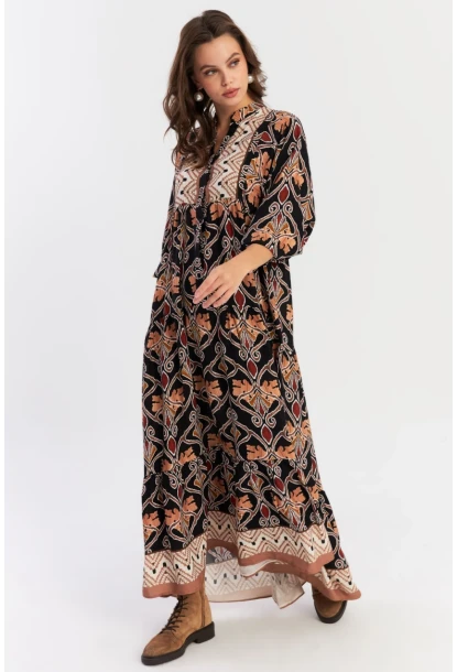 Kadın Multi Etnik Desenli Maxi Dokuma Elbise ALO228
