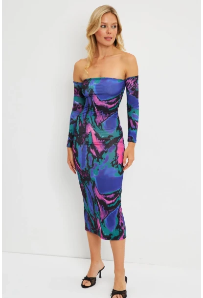 Kadın Multi Madonna Yaka Desenli Midi Elbise DMR278