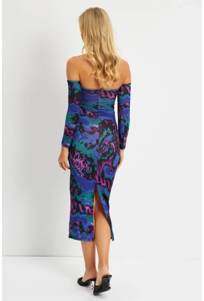 Kadın Multi Madonna Yaka Desenli Midi Elbise DMR278