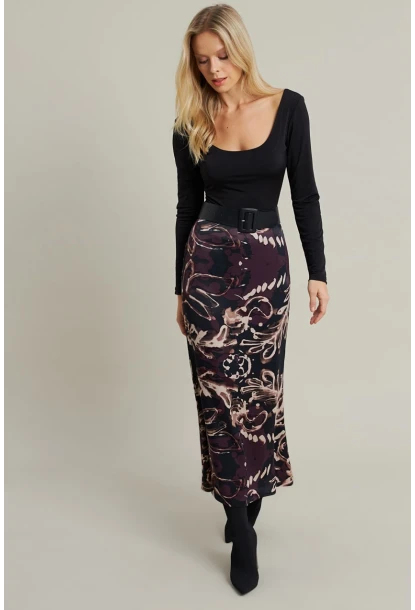 Kadın Mürdüm Desenli Saten Etek CAR1060