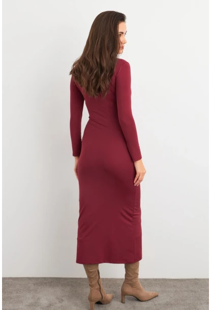 Kadın Mürdüm Kare Yaka Midi Elbise XC8102