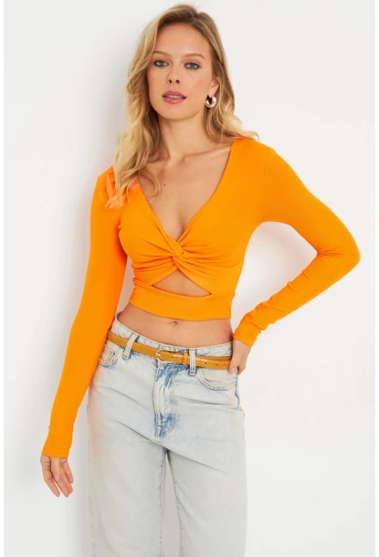 Kadın Önü Düğümlü Crop Bluz Turuncu AYD287