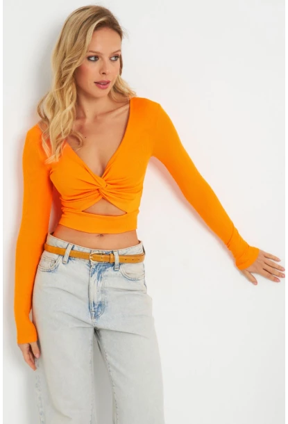 Kadın Önü Düğümlü Crop Bluz Turuncu AYD287