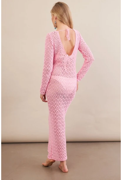 Kadın Pembe Aksesuarlı Triko Plaj Elbisesi KZ3237-90
