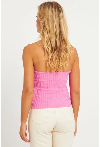 Kadın Pembe-Beyaz İkili Straplez Triko Bluz YV272