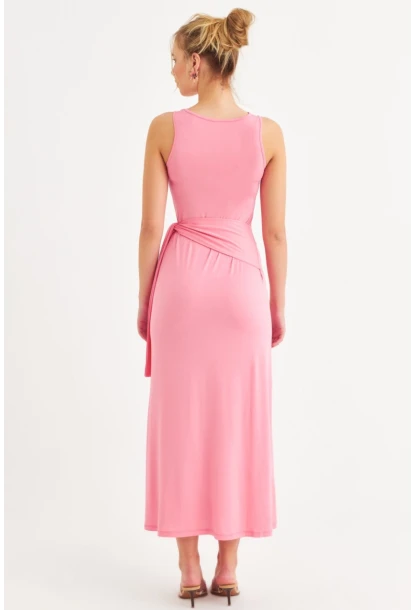 Kadın Pembe Büzgülü Kolsuz Midi Elbise TF75