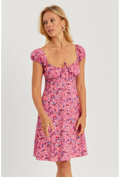 Kadın Pembe Çiçekli Mini Elbise GÇ165
