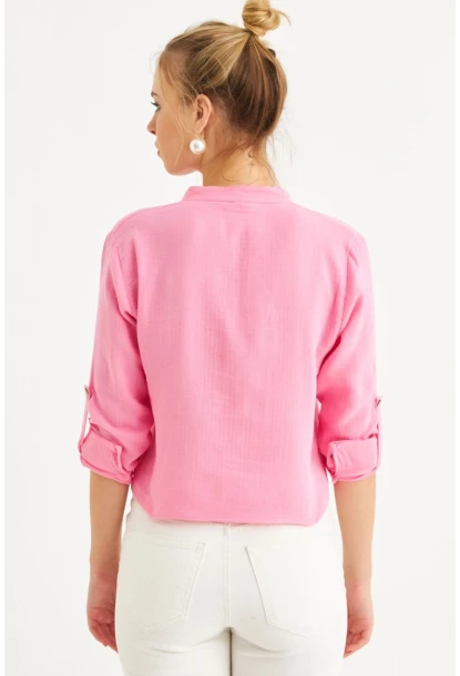 Kadın Pembe Düğmeli Keten Gömlek Bluz BTH17