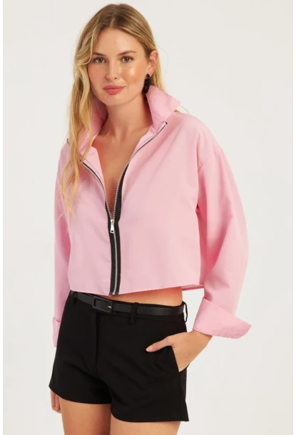 Kadın Pembe Fermuarlı Kısa Gömlek SF2541