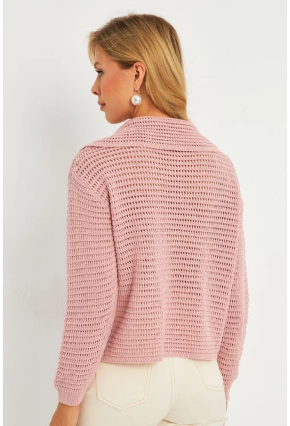 Kadın Pembe Geniş Yakalı Triko Hırka MİW4571