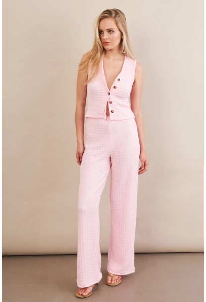 Kadın Pembe Gofre Yelek Pantalon Takım FLU330