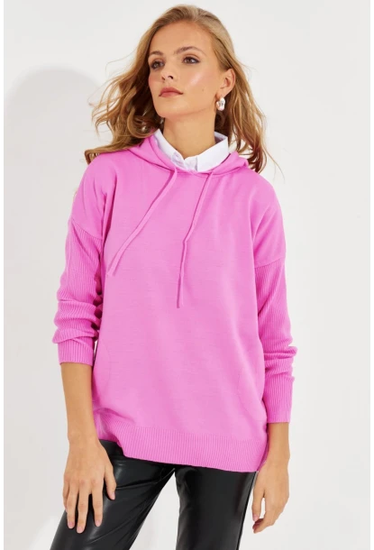 Kadın Pembe Kapüşonlu Cepli Triko Kazak YZ520