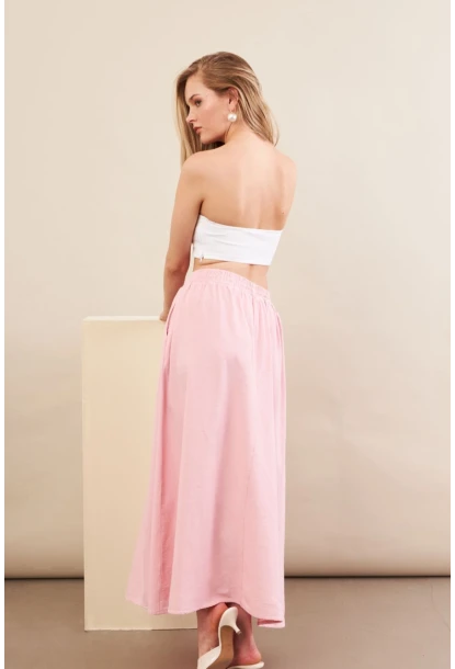 Kadın Pembe Keten Cepli Midi Etek RSP4440
