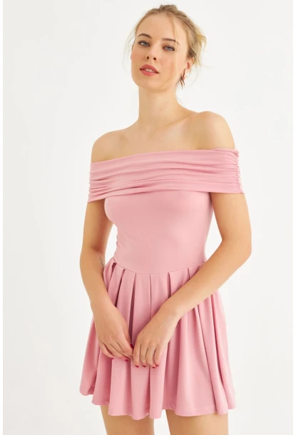 Kadın Pembe Madonna Yaka Midi Elbise MON1262-1